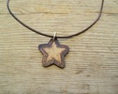 Wooden Woodburned Reversible Star Design on Adjustable Leather Necklace