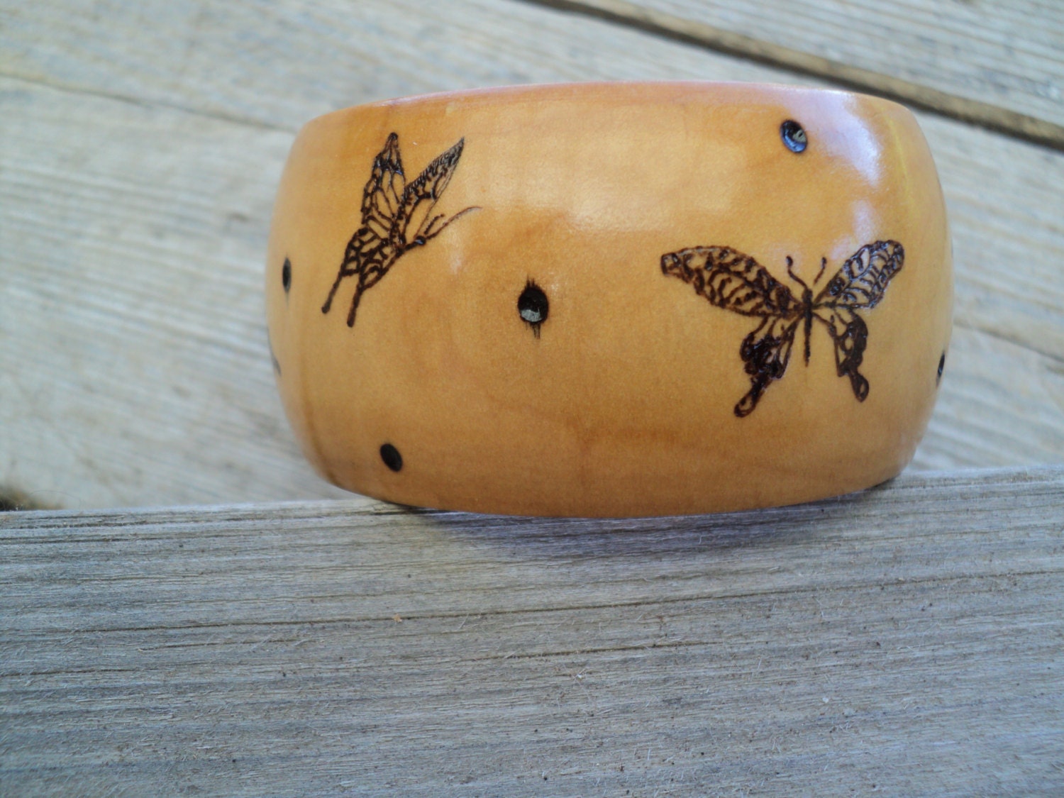Wooden Woodburned Butterfly Bangle Bracelet