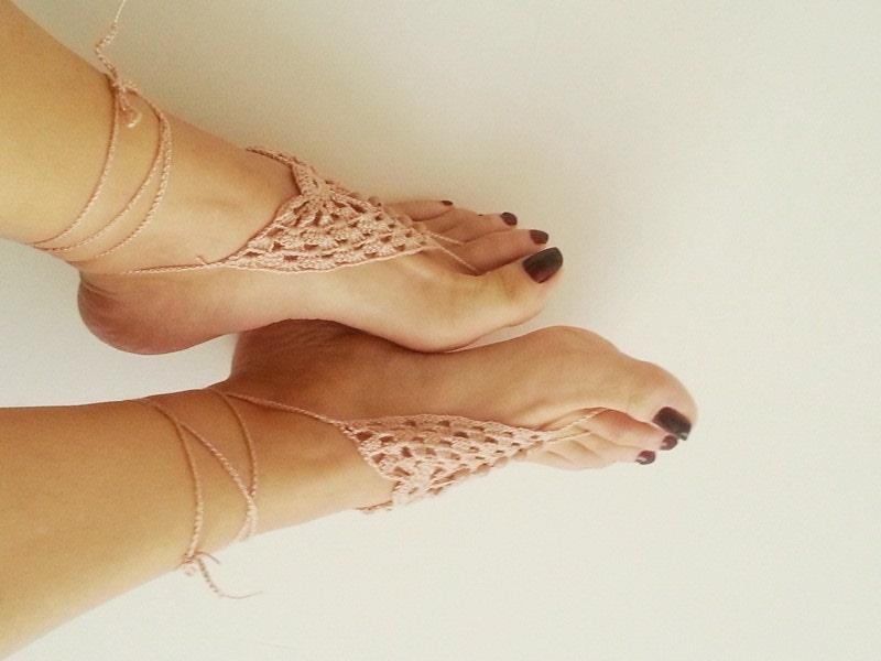 Linen Beige  Barefoot Sandals, Nude shoes, Foot jewelry, Wedding, Victorian Lace, Sexy, Lolita, Yoga, Anklet
