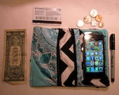 Convertible iPhone 5/Droid Wallet and Clutch "SmartWallet" Water-Resistant Plastic Pocket (Blue Paisley and Black & White Chevron)