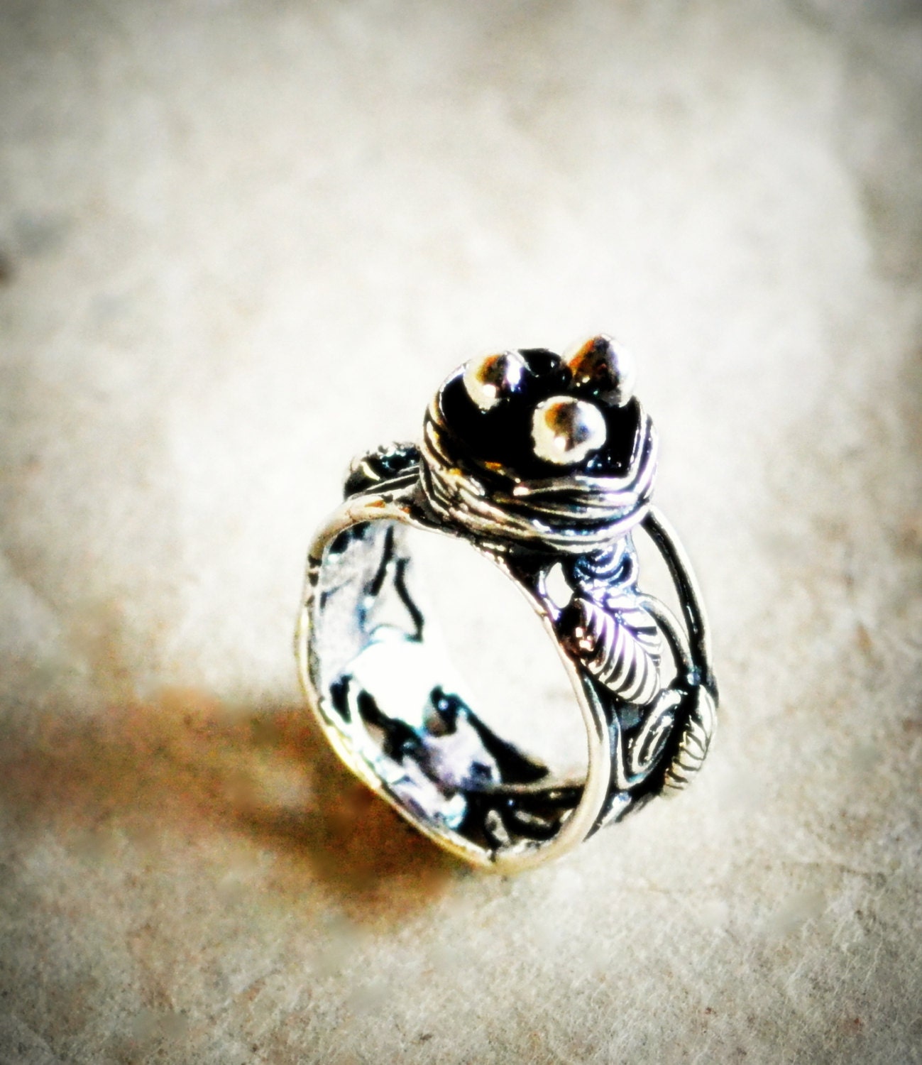 Romantic Eggs in a Nest Sterling Silver Ring with Leaves and Spirals.