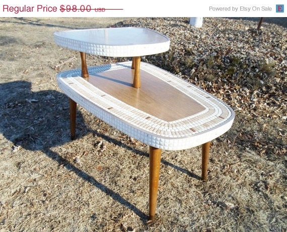 SPRING SALE Vintage Mid Century Modern  Mosaic Tile End Table Side Table  Brass Laminent Table  Eames Era Brown Gold White