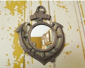 SPRING SALE Vintage Solid Brass Nautical Mirror, With the French Words 'pour l'amour ao moi' Ship, Anchor, Wheel, Cottage Chic, Taiwan, Pic