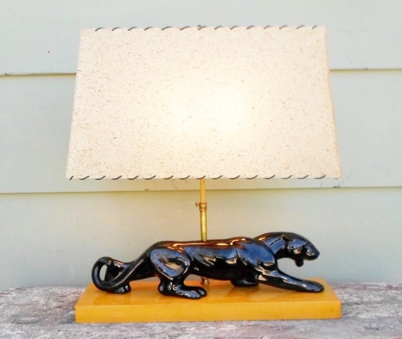 Vintage Mid Century Modern Ceramic Black Leopard Television Lamp, Black Panther, Table Lamp and Fiberglass Shade, Maple Base, Lighting, TV