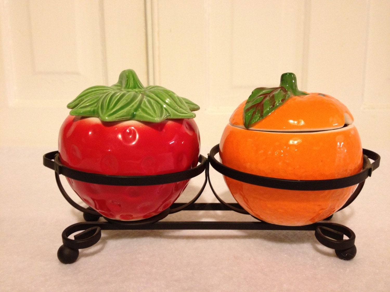 Vintage Jelly Servers in Metal Rack, Strawberry and Orange Condiment Holders, 1950s