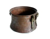 Etched vintage copper CAULDRON Handmade Turkish pot, ornate hand forged brass HANDLES WROUGHT hammered planter, rustic houseware, home decor