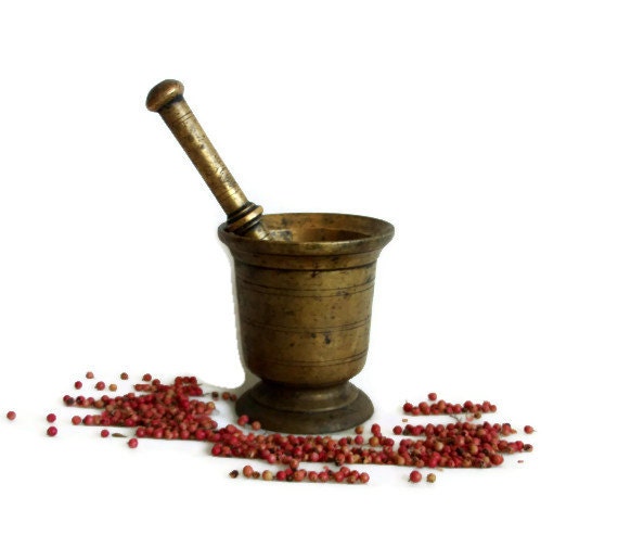 Antique Mortar and Pestle, HEAVY brass herb grinder Apothecary bowl solid metal muddler Spice crushing, primitive tool, kitchen, home decor