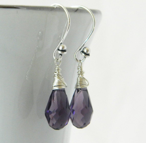 Purple Crystal Drop Earrings, Wire Wrapped Amethyst Purple  And Sterling Silver Earrings, February Birthstone Minimalist Earrings