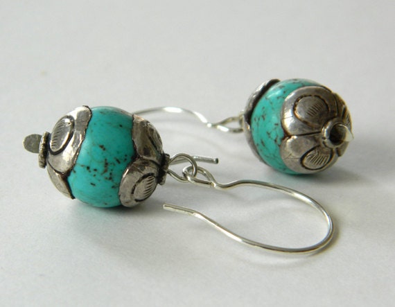 Tibetan Silver Turquoise Earrings, Turquoise Dangle Earrings, Sterling Silver Earrings, Minimal Earrings