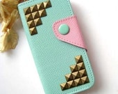 Brass Pyramid Studded Mint Plastic PU Leather iPhone 4 Flip Wallet Cover , iPhone 4S Hard Case, iPhone 5 Flip Cover Case