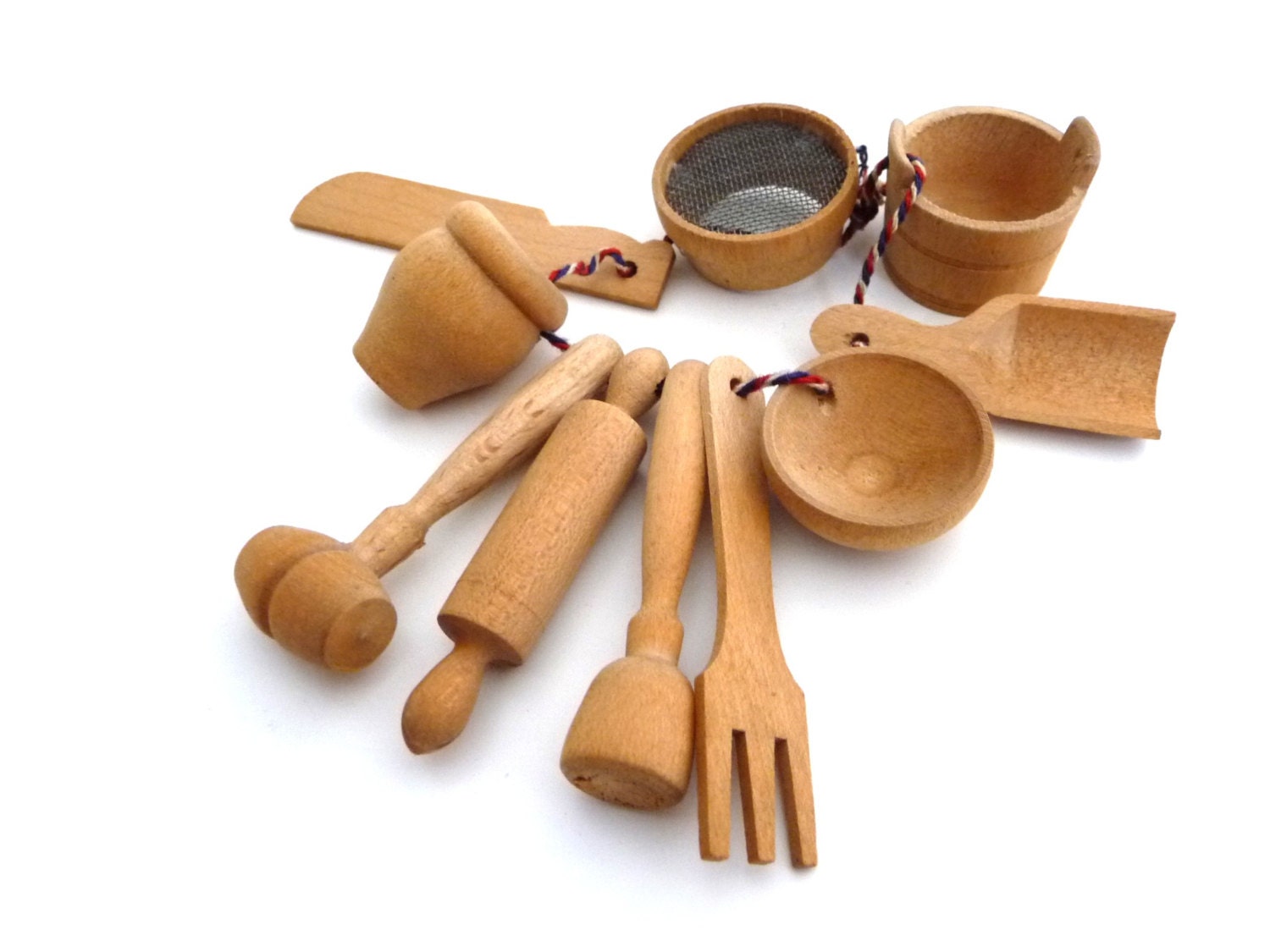 Vintage Wood Toy Miniature Tools - Dollhouse Kitchen Tools / Accessories - Set of 10 - Collectibles / Souvenir - 1970s