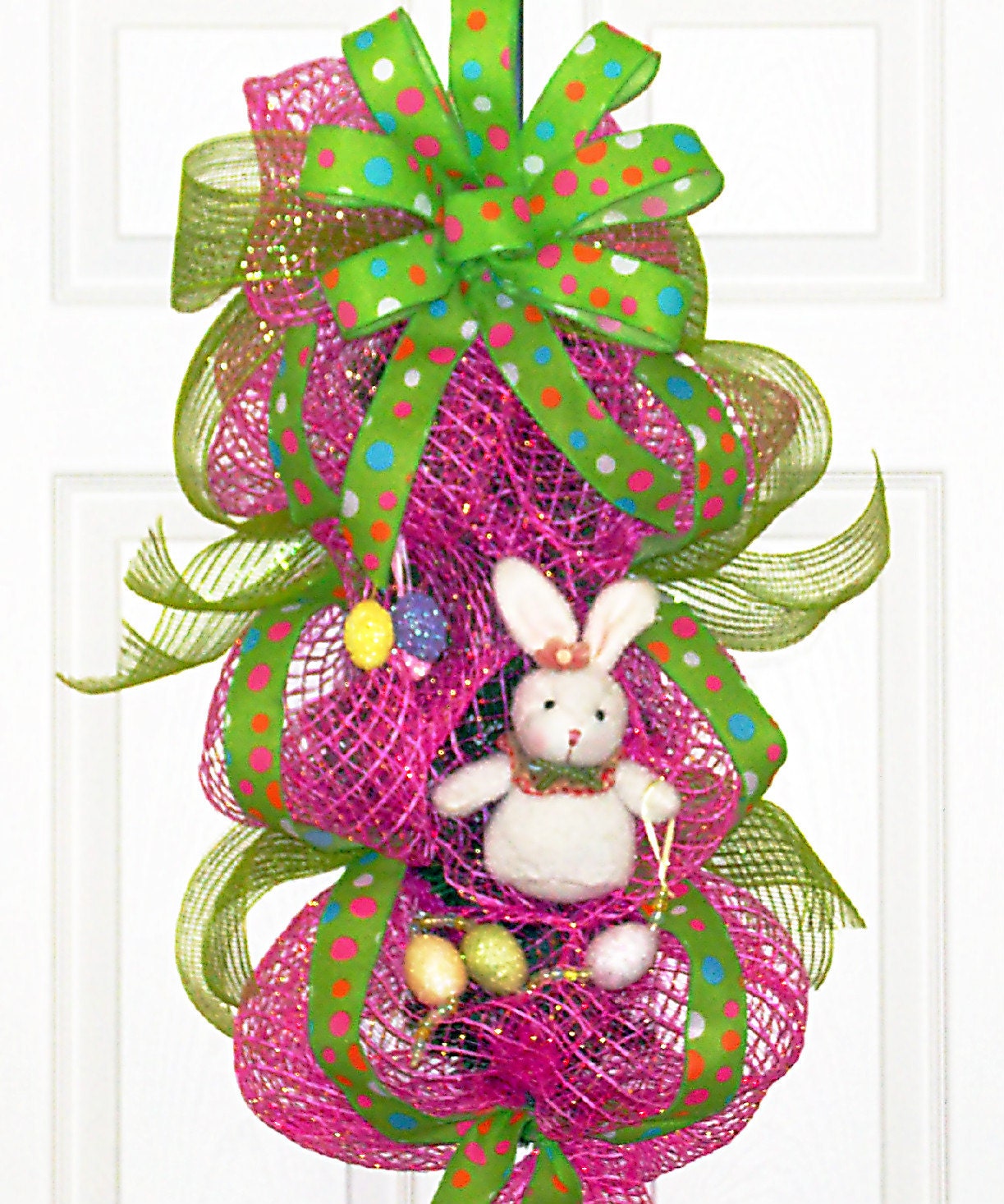 Easter Spring  Deco Mesh Wreath with Bunny Rabbit and Easter Eggs, Deco Mesh Swag, pink wreath, Holidays, Home and Living