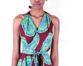Bold African Wax Print Full Circle Wrap Open Backout Halter Dress