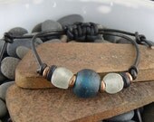 Black Leather Adjustable Bracelet For Men or Women Recycled Blue and White Glass Antiqued Copper, Handmade