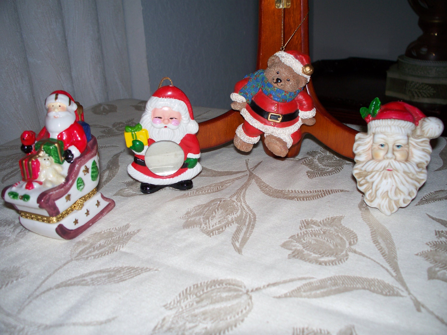 Variety of 2 Vintage Christmas Santa Ornaments, 1 Santa Trinket Box and a Santa Paper Weight