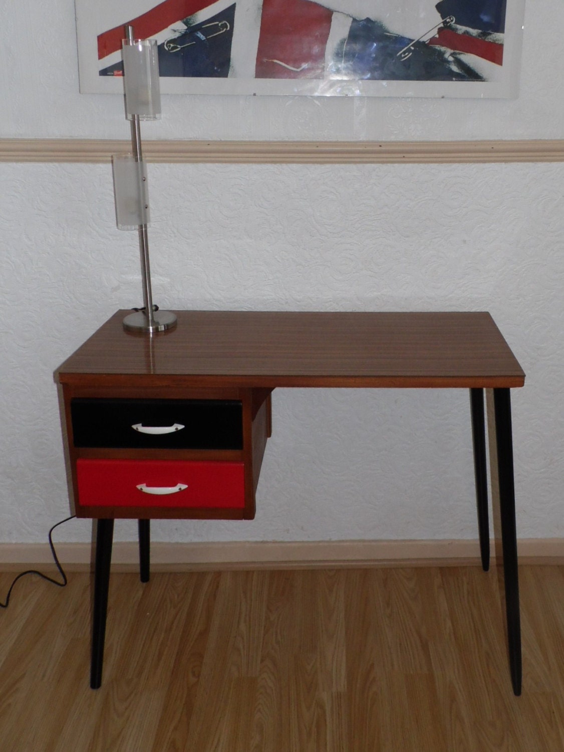 Vintage Retro 60s Teak Veneer Atomic Desk Jet Black Ketchup Red
