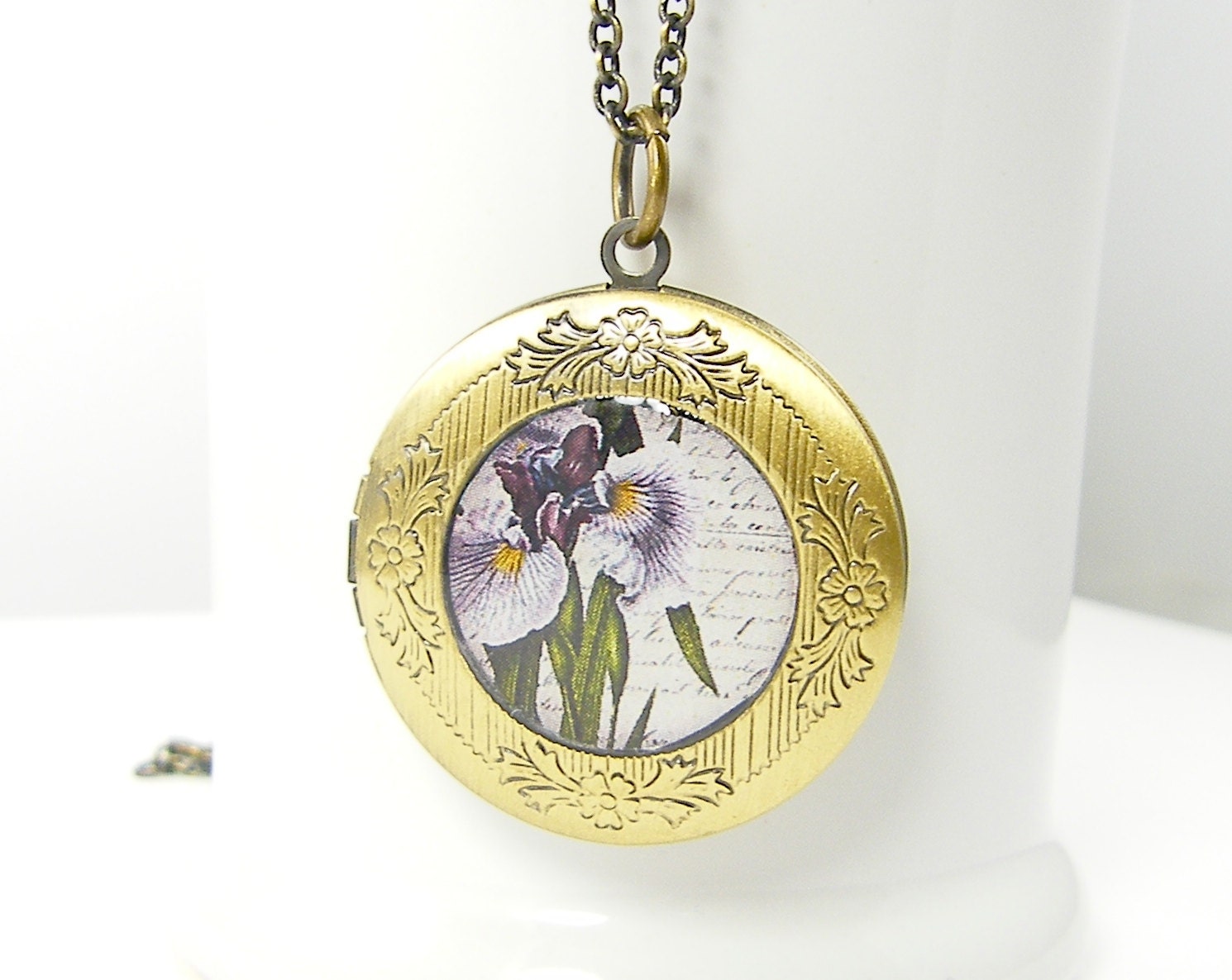 Flower Locket Necklace Purple Iris Nature Collage Art Pendant Floral Necklace Flower Jewelry Iris Jewelry