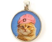 Cat in Hat Pendant, Orange Cat Pink Hat Pet Lovers Photo Pendant Charm