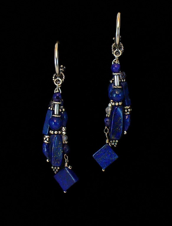 Lapis Lazuli, Rainbow Moonstone, Iolite and Sterling Silver Earrings