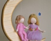 Children  mobile Waldorf inspired needle felted :  Girls sitting in the moon