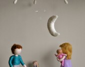 Children  mobile Waldorf inspired needle felted : Father,Mother and Baby and Girl with moon and stars