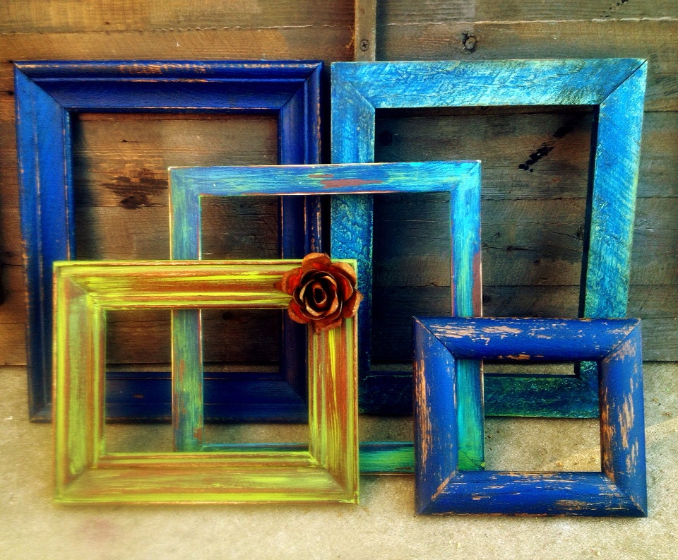 Set of 5 VINTAGE Wooden EMPTY Wall FRAMES  - Painted in Cobalt Blue , Lime & Distressed -Frame Gallery