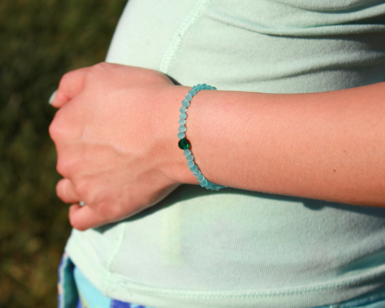 Aquamarine and Swarovski Emerald Beaded Bracelet