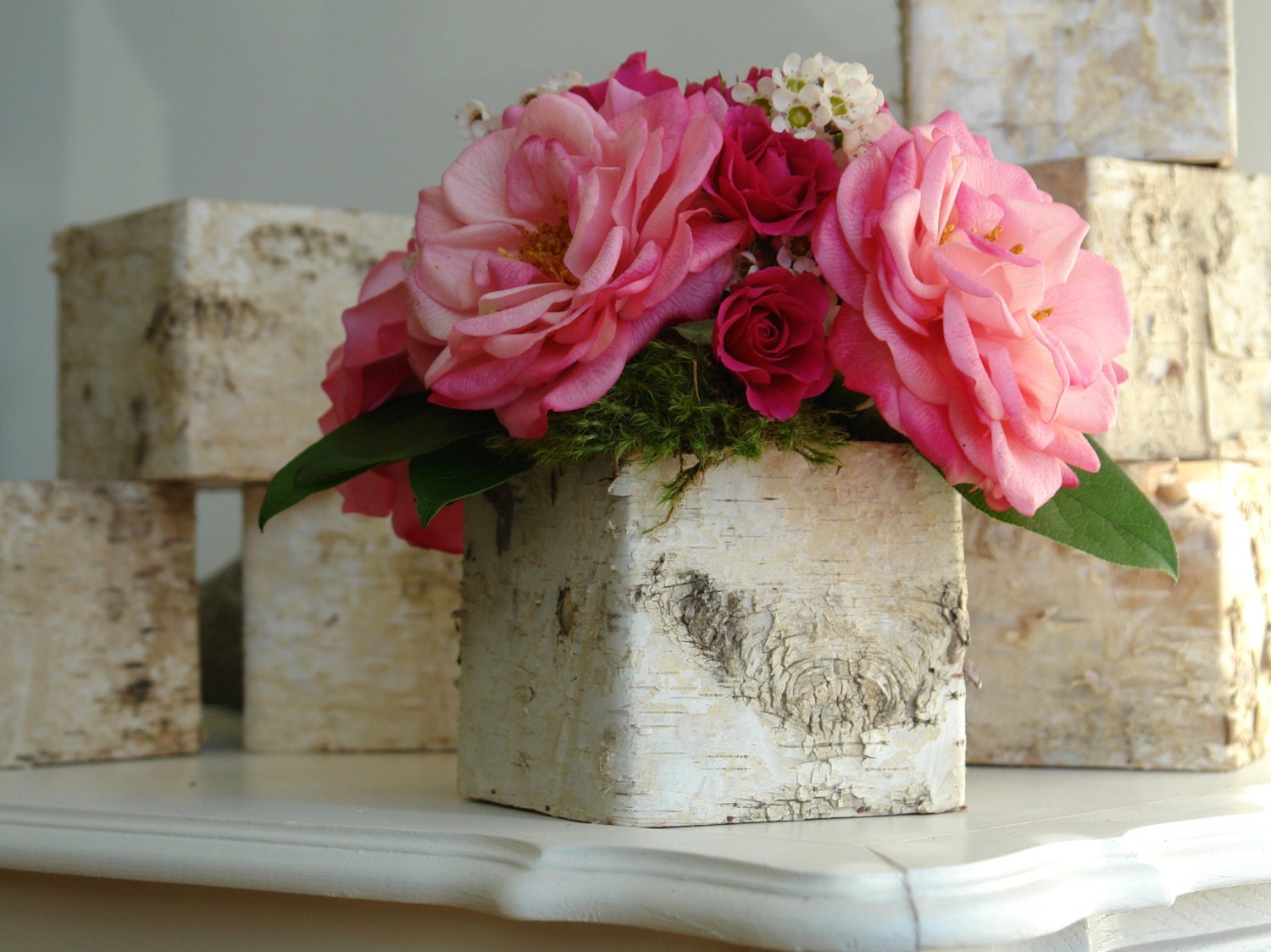 natural birch bark wood vases ,square wedding flower pot, centerpieces, baskets, woodwork,rustic, chic wedding wood boxes