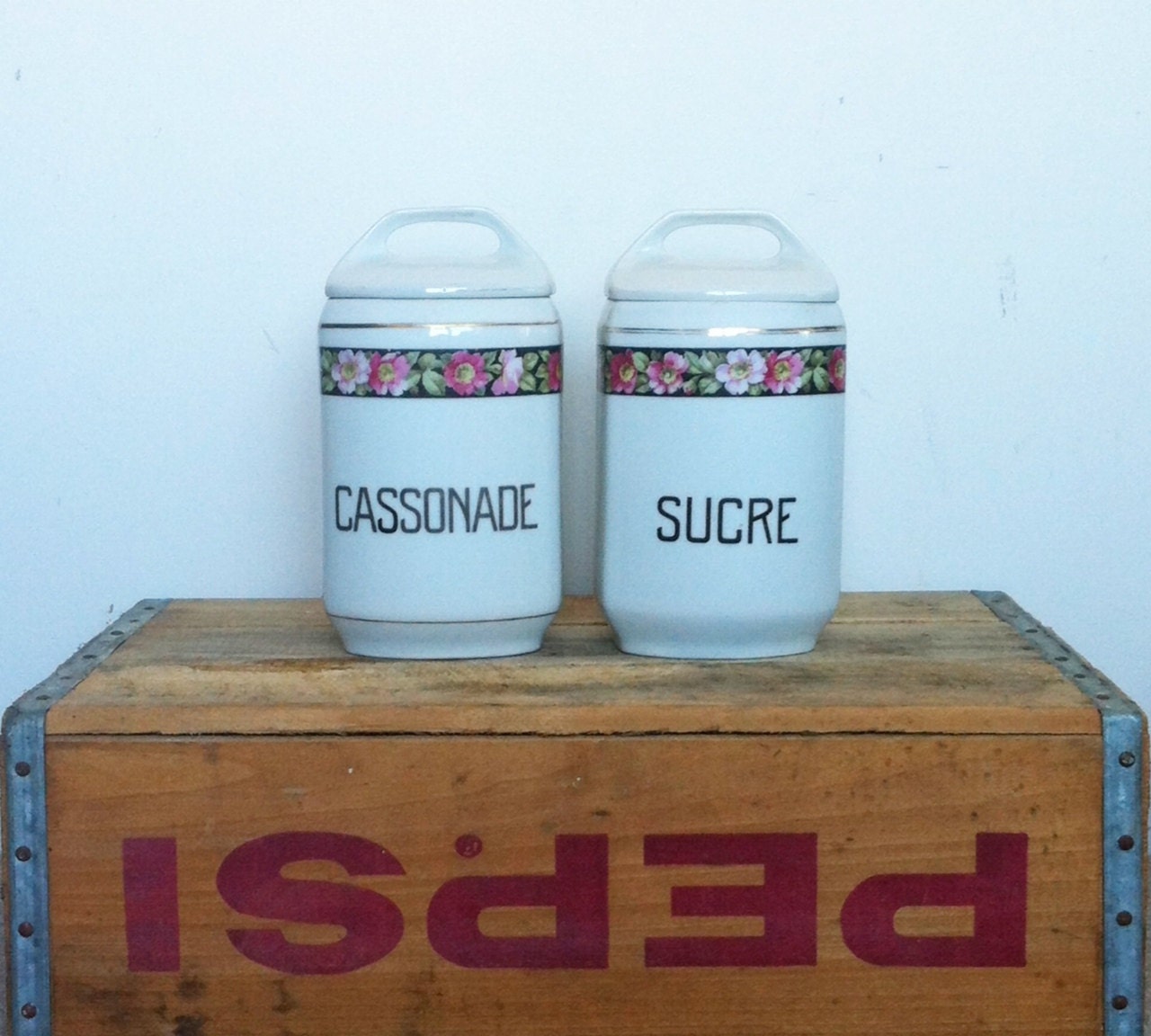 Two Antique French Canisters (Sucre, Cassonade) Krautzberger Teplitz Czech Pottery