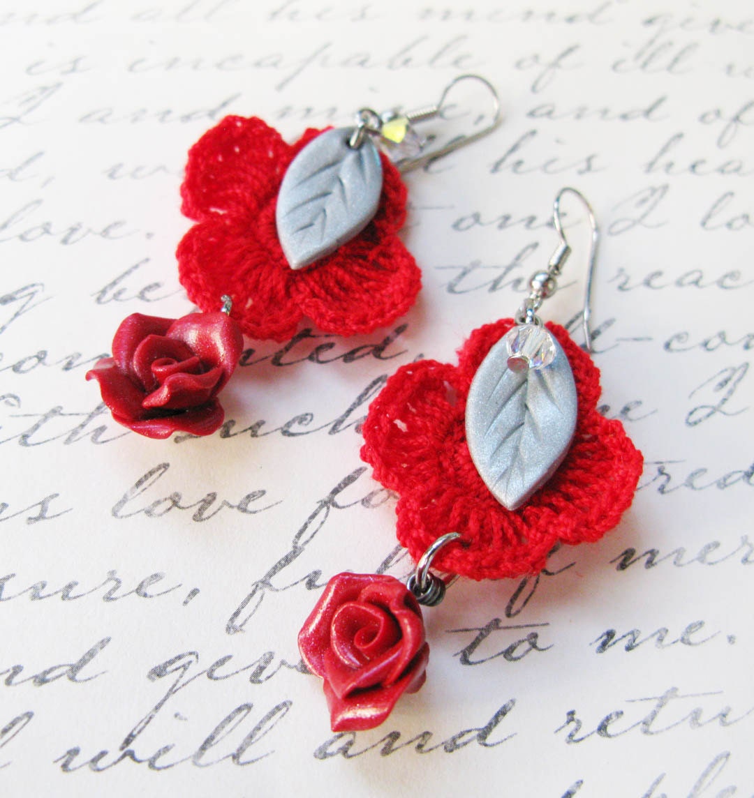 Red and Silver - Mini Doilies Lace and Handcrafted Polymer Clay Rose Earrings with crystals - Beautifully Packaged