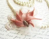 Salmon Polymer Clay Flower and Freshwater pearl - Lace Brooch - Accessorize Anything -  Beautifully Packaged