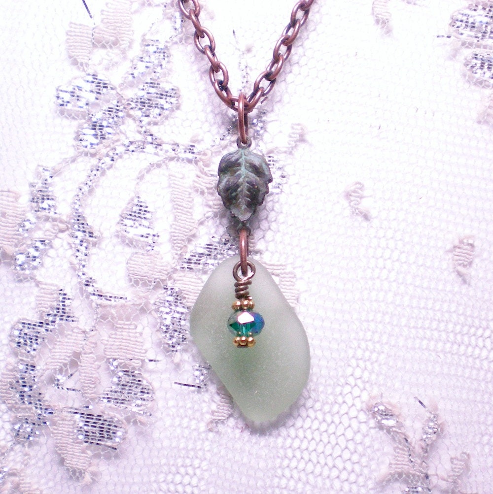 Green Sea Glass Necklace, Beach Glass Necklace, Verdigris Patina Necklace, Seaglass Necklace, Verdigris Patina Leaf Necklace