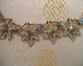 Cream Enamel and Pink Aurora Borealis Leaf Necklace