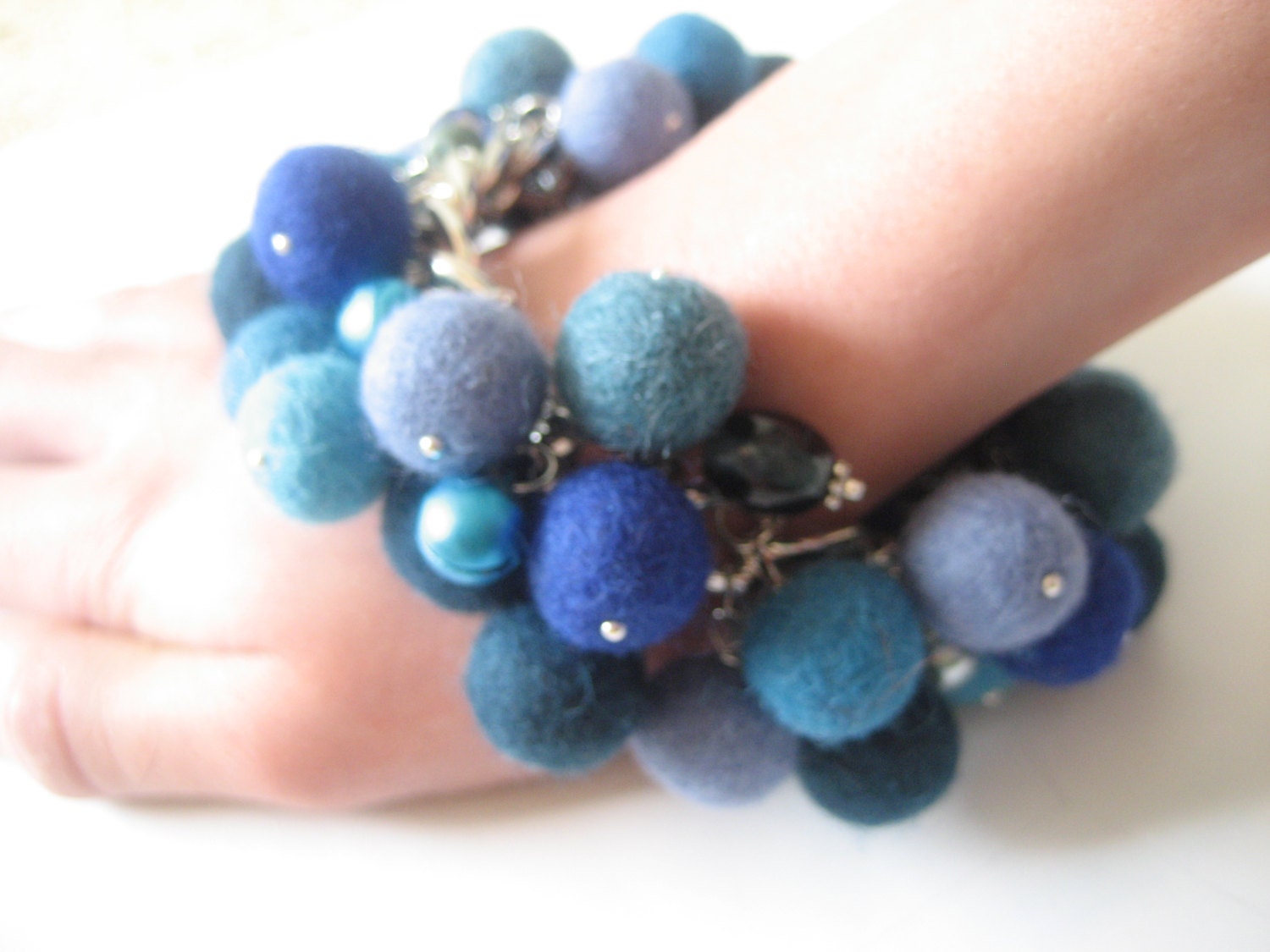 Felted balls bracelet  blue navy teal royal sky cobalt turquoise bells glass beads faux pearls