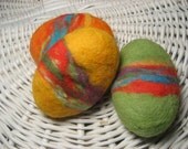 3 felted soaps Easter egg shape set. Soap, scrub and sponge in 1. Green yellow orange. Easter gift under 5.