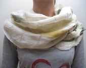 Nuno Felted Unisex Infinity Loop Shawl: Wool, Linen, Flax. Grey mustard sand white