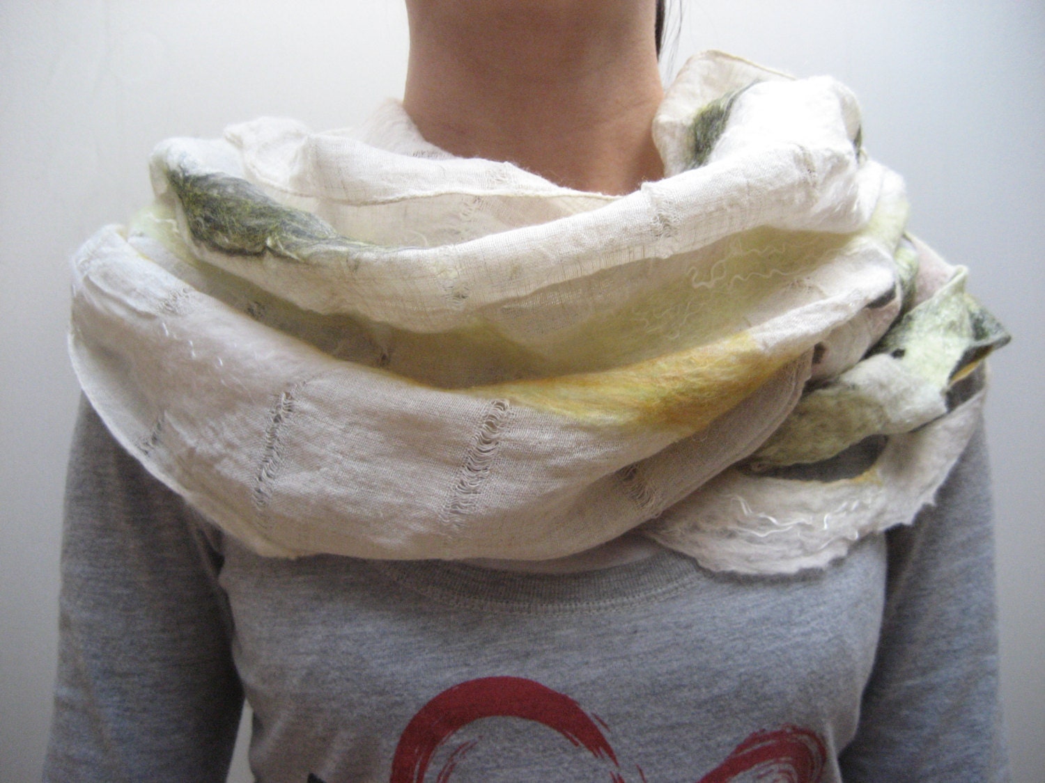 Nuno Felted Unisex Infinity Loop Shawl: Wool, Linen, Flax. Grey mustard sand white
