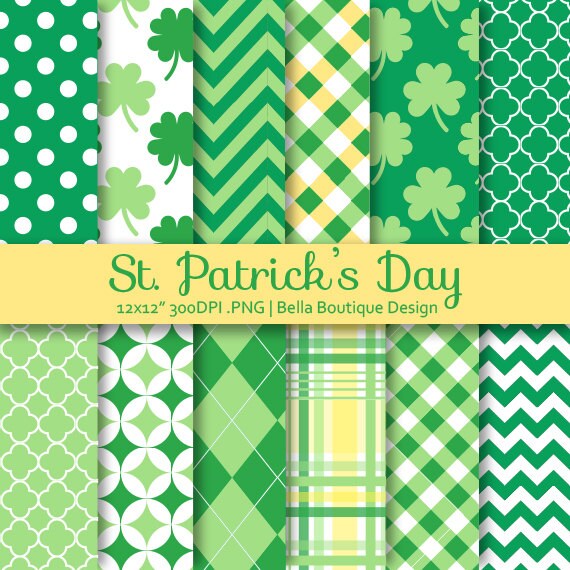 Instant Download, SEAMLESS, Shamrock Green and Gold, St Patrick's Day, Digital Paper Pack, Shamrocks, Clovers, Plaid, Argyle, Quatrefoil Il_570xn