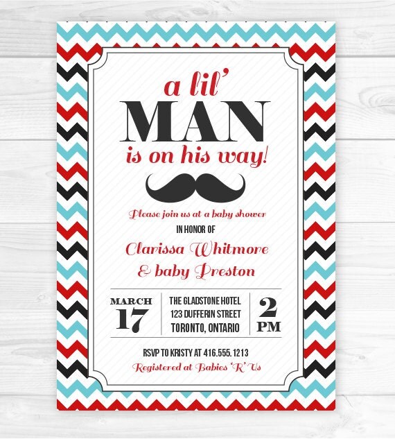 A lil' Man Is On His Way, Little Man Invitation Design, Mustache Bash, Moustache Bash, Red Black and Blue, Baby Boy Shower Il_570xn