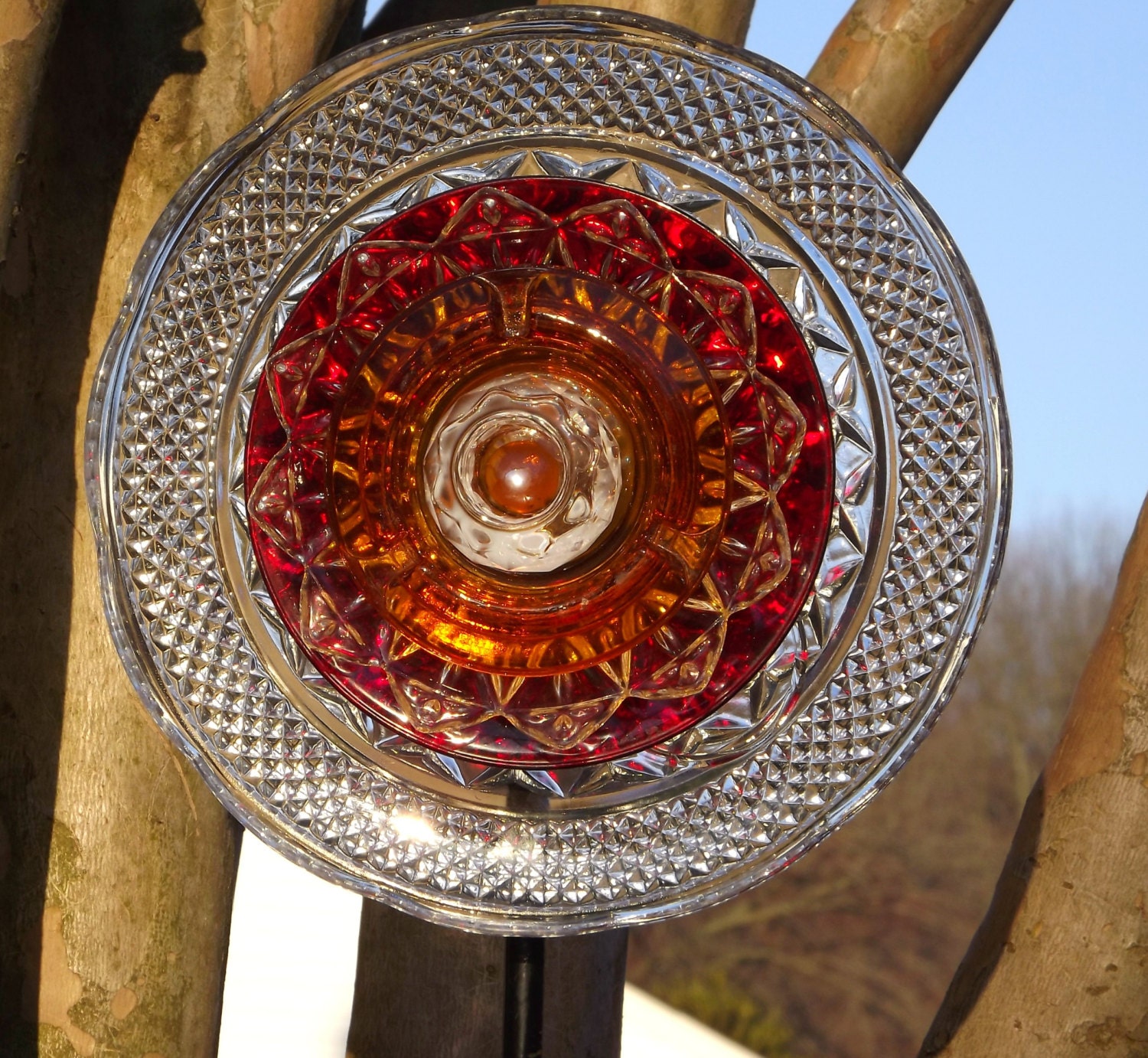 Glass Garden Flower-Fire and Ice-Vintage glass-Amber and Red