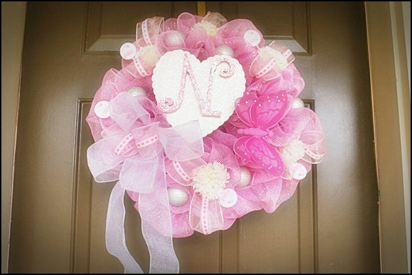 Baby Girl Soft Pink Personalized Deco Mesh Wreath