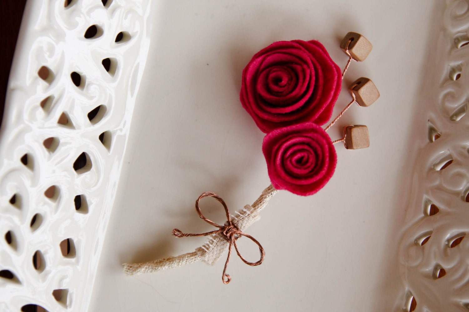 Fuschia Pink Felt Boutonniere with Wire Ribbon