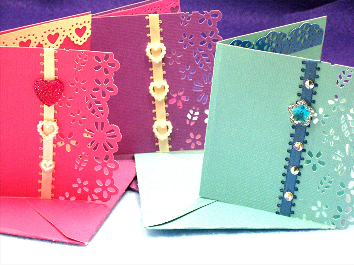 3 SPECIAL Pastel Pink, Purple& Blue Notecard/Envelope Stationary Embellished Blank Card/Envelope, UNIQUE Handmade Card/Envelope Stationary