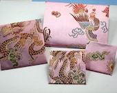 4 SPECIAL Lavender Pink Chinese Silk Envelopes, UNIQUE Hand Crafted Dragon & Phoenix Silk Fabric Envelopes, Lineing Blue Cloud Printed Paper