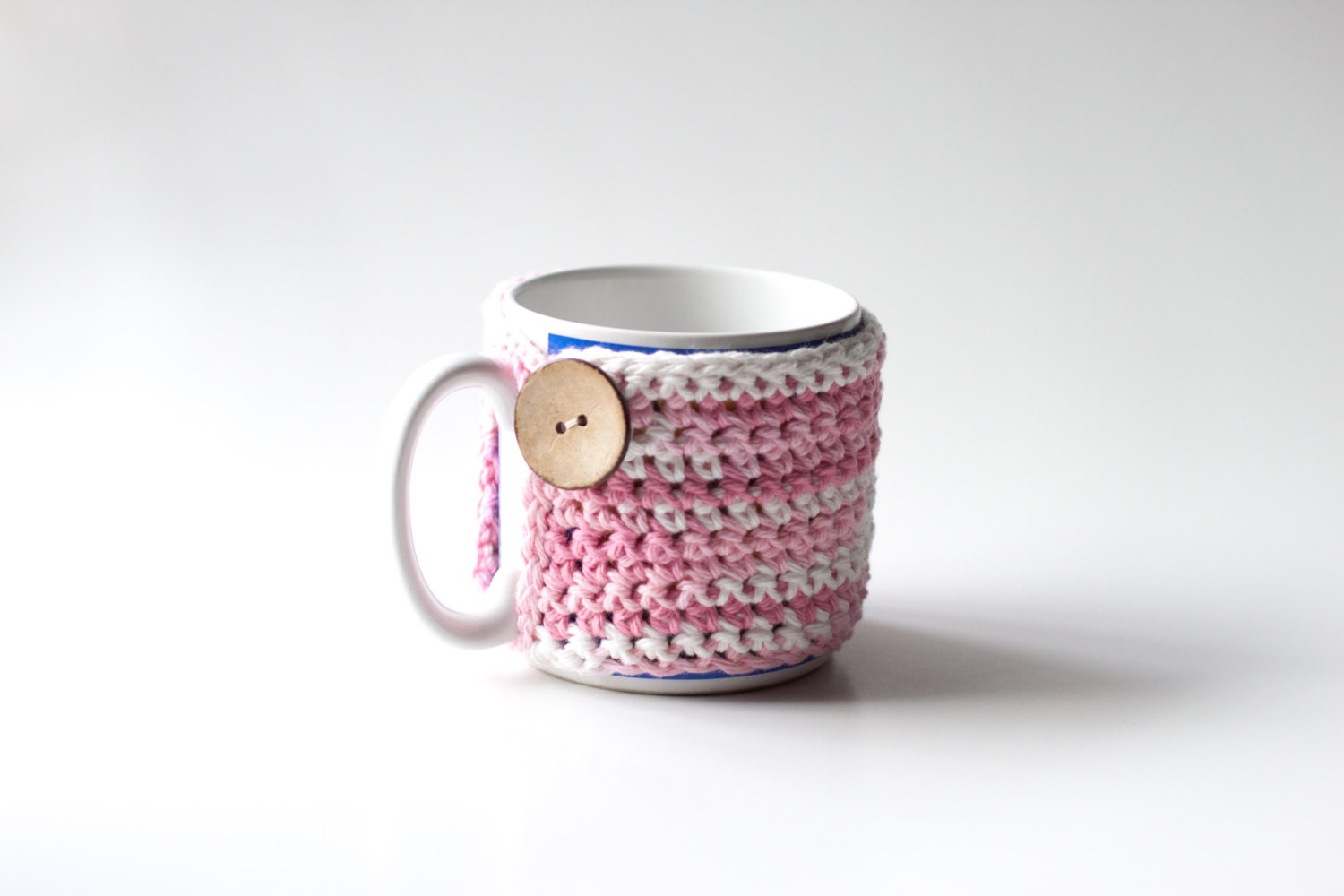 Small Crochet Coffee Mug Cozy in Pink & White -- READY TO SHIP --