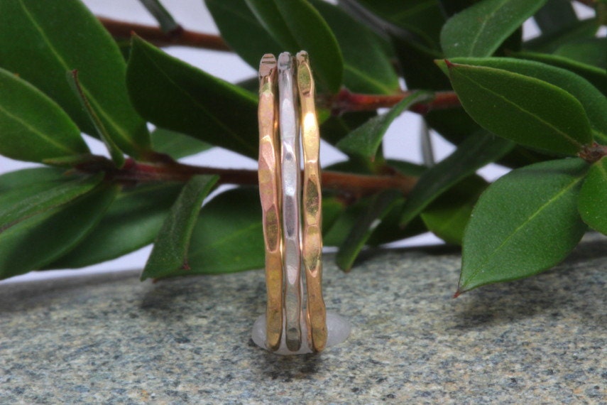Gold Fill and Sterling Silver Stack Rings.Two Tongs Metal Rings.Metal Hammered Rings.Tiny Metal Hammered Rings.