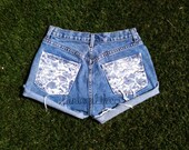 Vintage High Waist Jean Shorts Lace Pocket High Waisted Denim Shorts