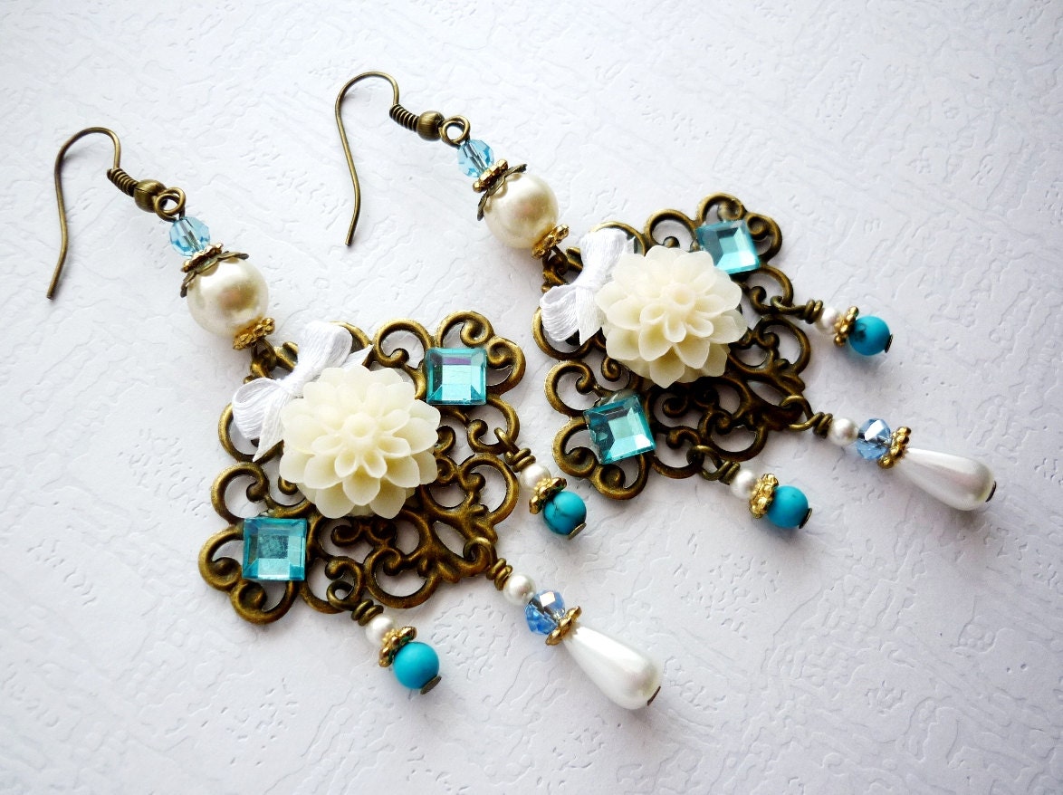 Wedding Jewelry, Chandelier Earrings, Flower Vintage Bridal Bronze Earrings, White Weddings, White & Blue Bride