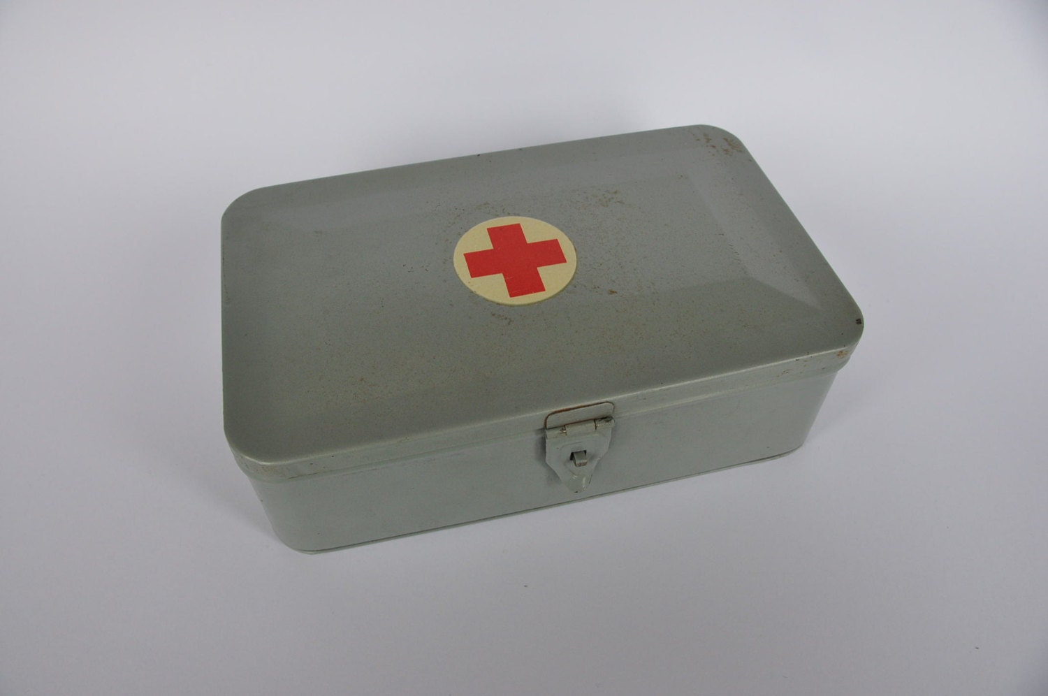 Authentic Vintage German First Aid Box. Metal. Gray.