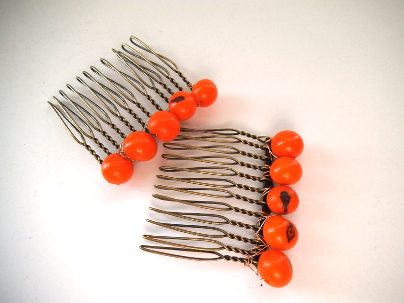 Eco-Friendly Wire-Wrapped  Hair Combs with Orange Acai Seed Beads, Vegan, Boho-Chic
